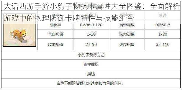 大话西游手游小豹子物抗卡属性大全图鉴：全面解析游戏中的物理防御卡牌特性与技能组合