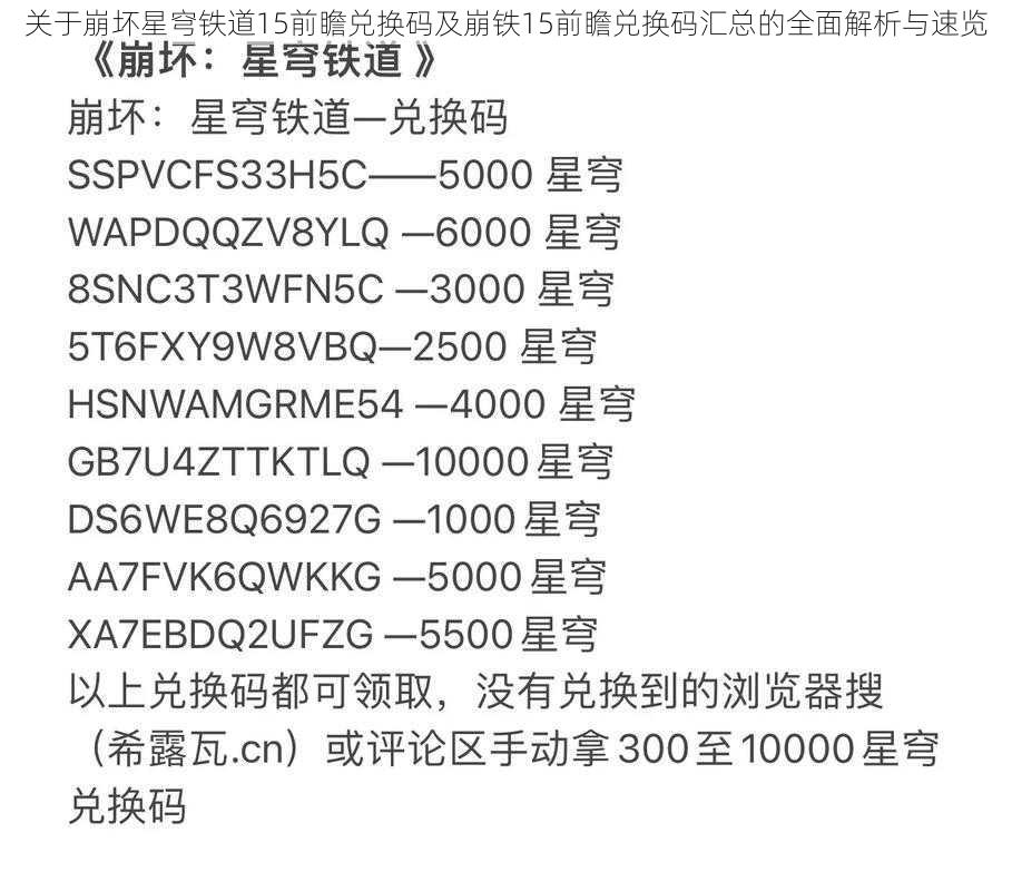 关于崩坏星穹铁道15前瞻兑换码及崩铁15前瞻兑换码汇总的全面解析与速览