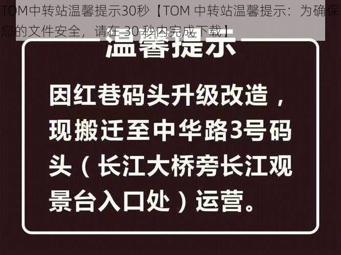 TOM中转站温馨提示30秒【TOM 中转站温馨提示：为确保您的文件安全，请在 30 秒内完成下载】